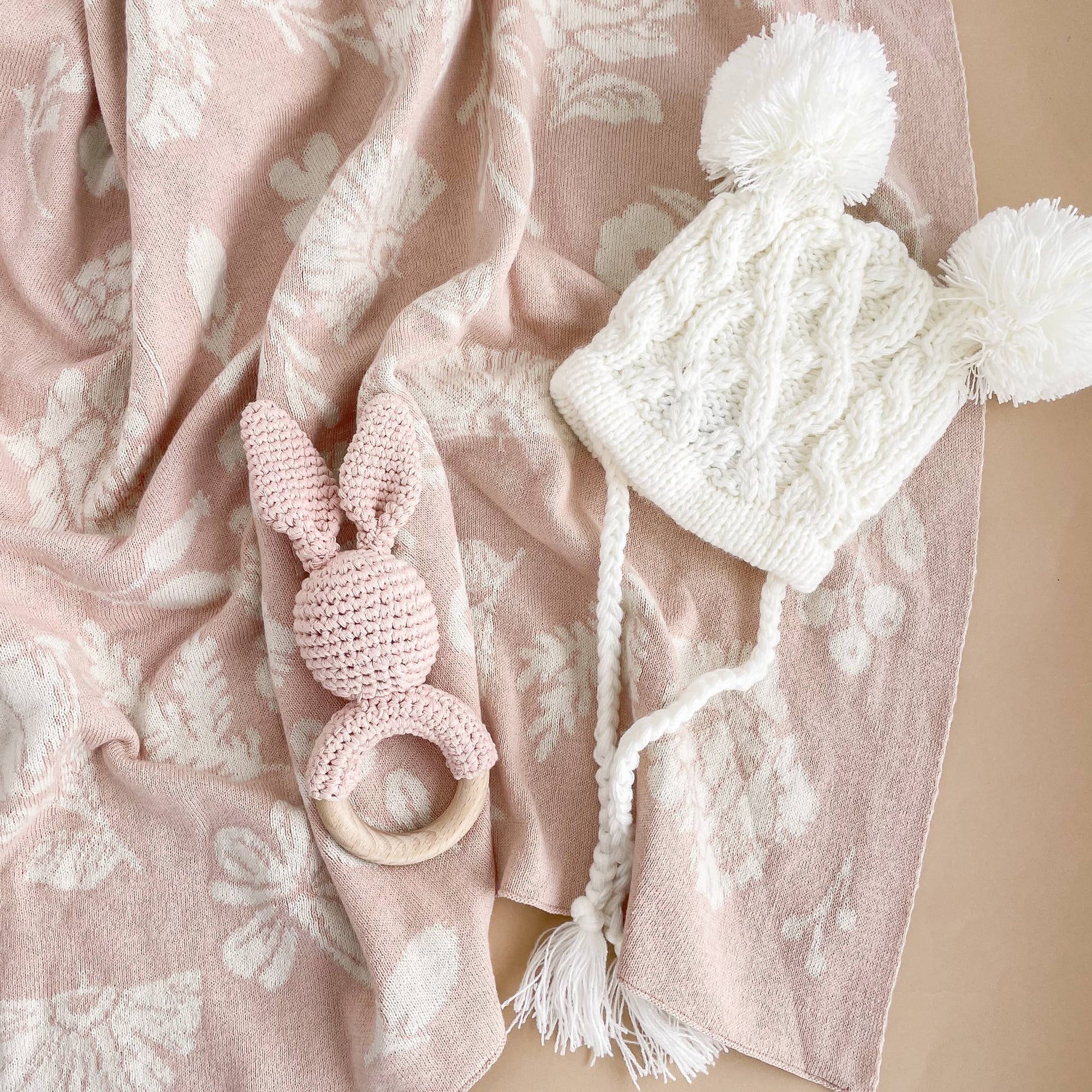 Teether Bunny Pink Rattle Spring Summer Baby Gift: Pink
