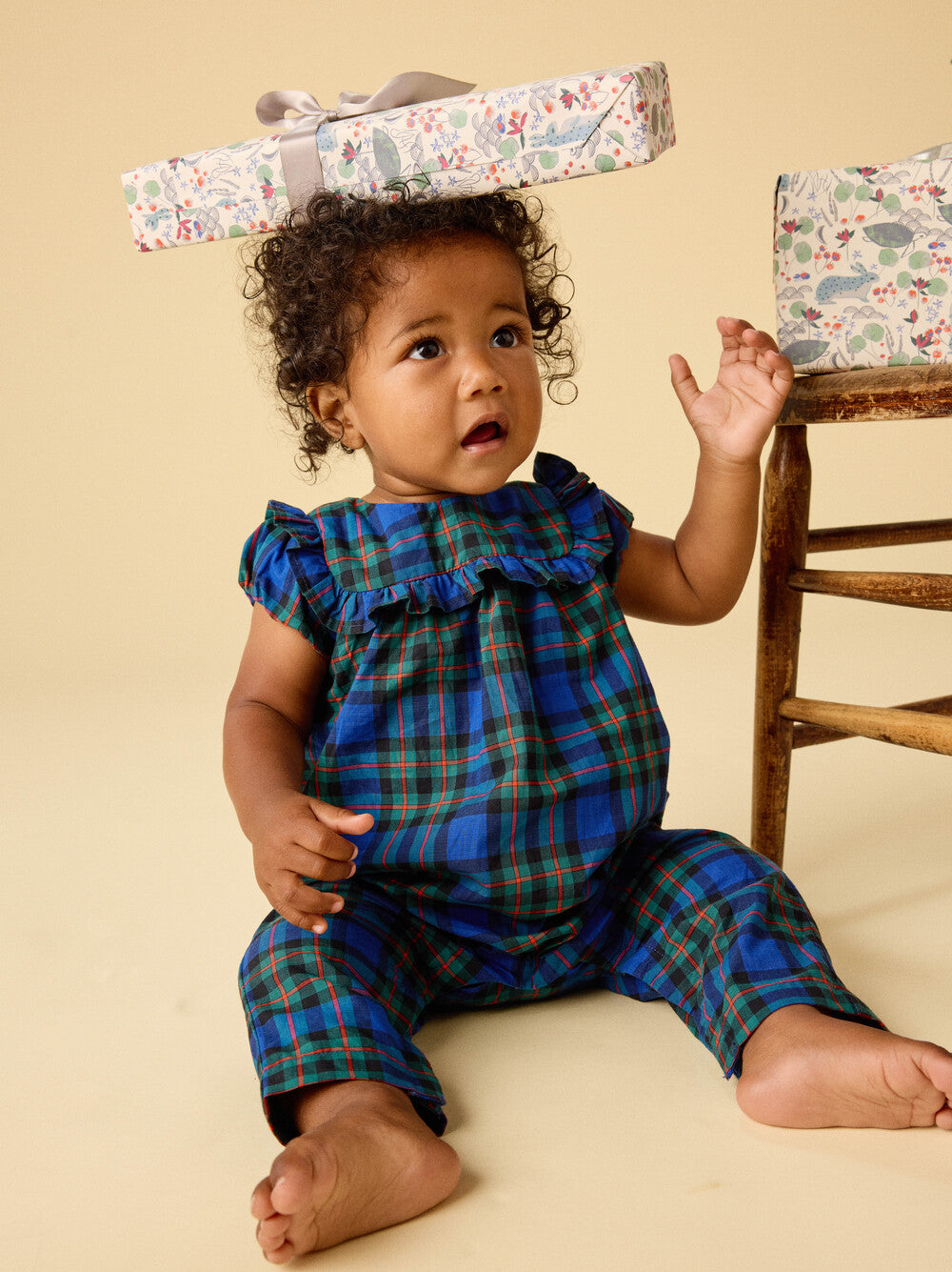 Tea Plaid Ruffle Baby Romper