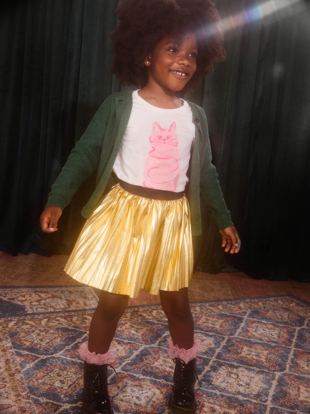 Tea Pleated Metallic Twirl Skirt