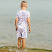 joy street USA print short pajama set kids boy at beach