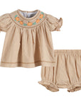 Light Brown Pinstripe Pumpkin Smocked Dress and Bloomer Set