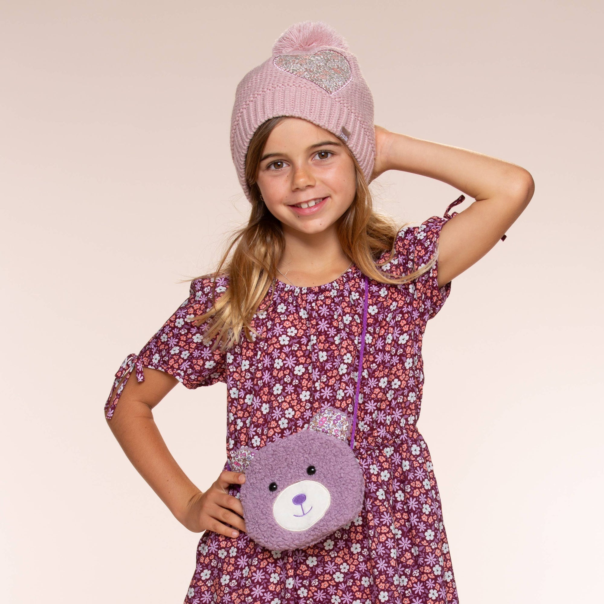 Girls Knit Heart Beanie Light Pink