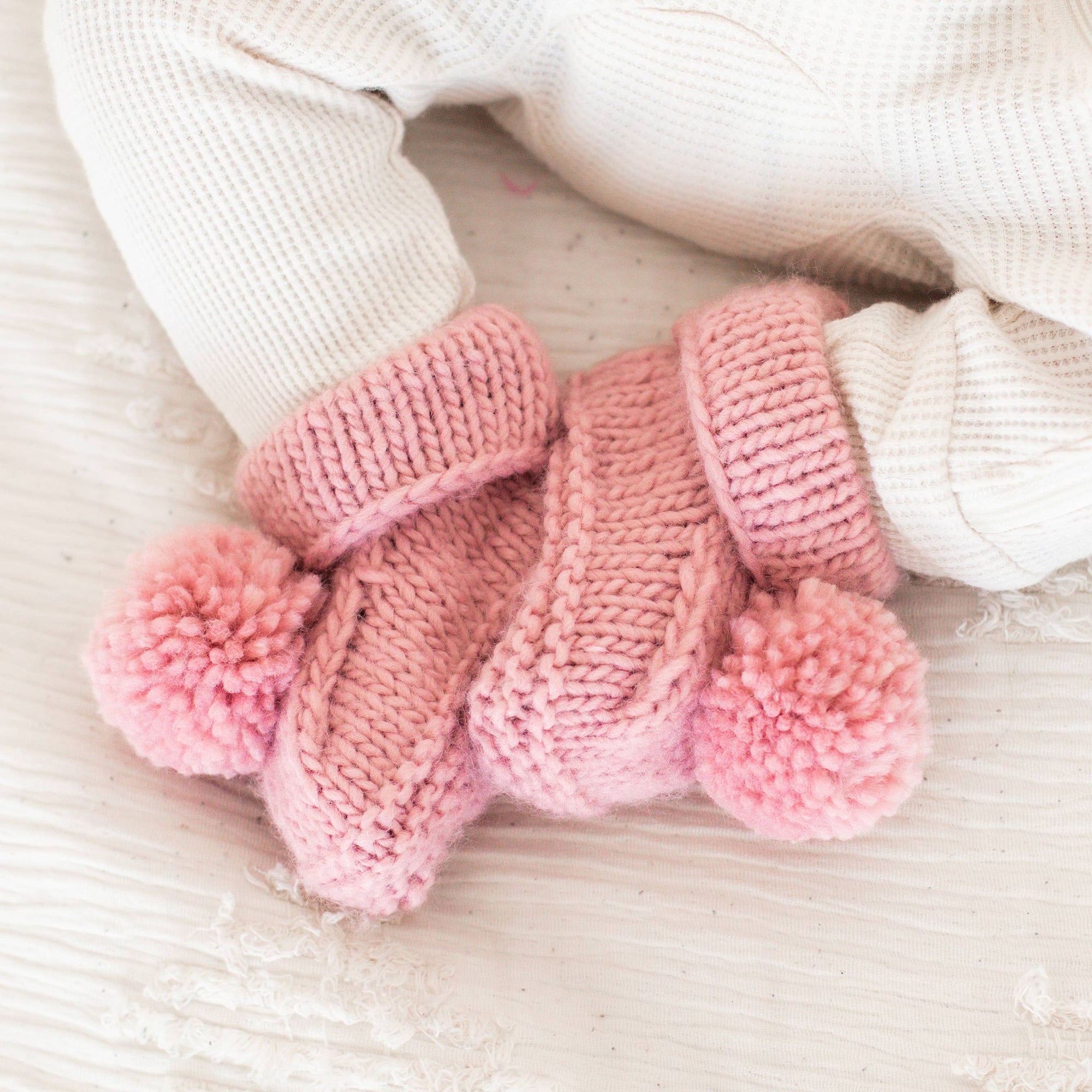 Garter Stitch Baby Booties Rosy with Pom Poms