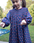 Girls' Smocked Long Sleeves Dress | Red and Navy