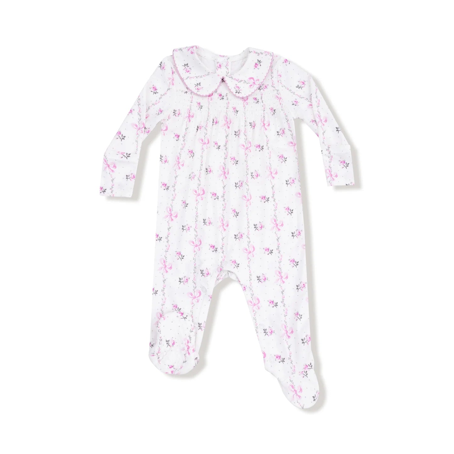 Angel Dear Dainty Buds And Bows Stripe Smocked Peter Pan Snap Footie