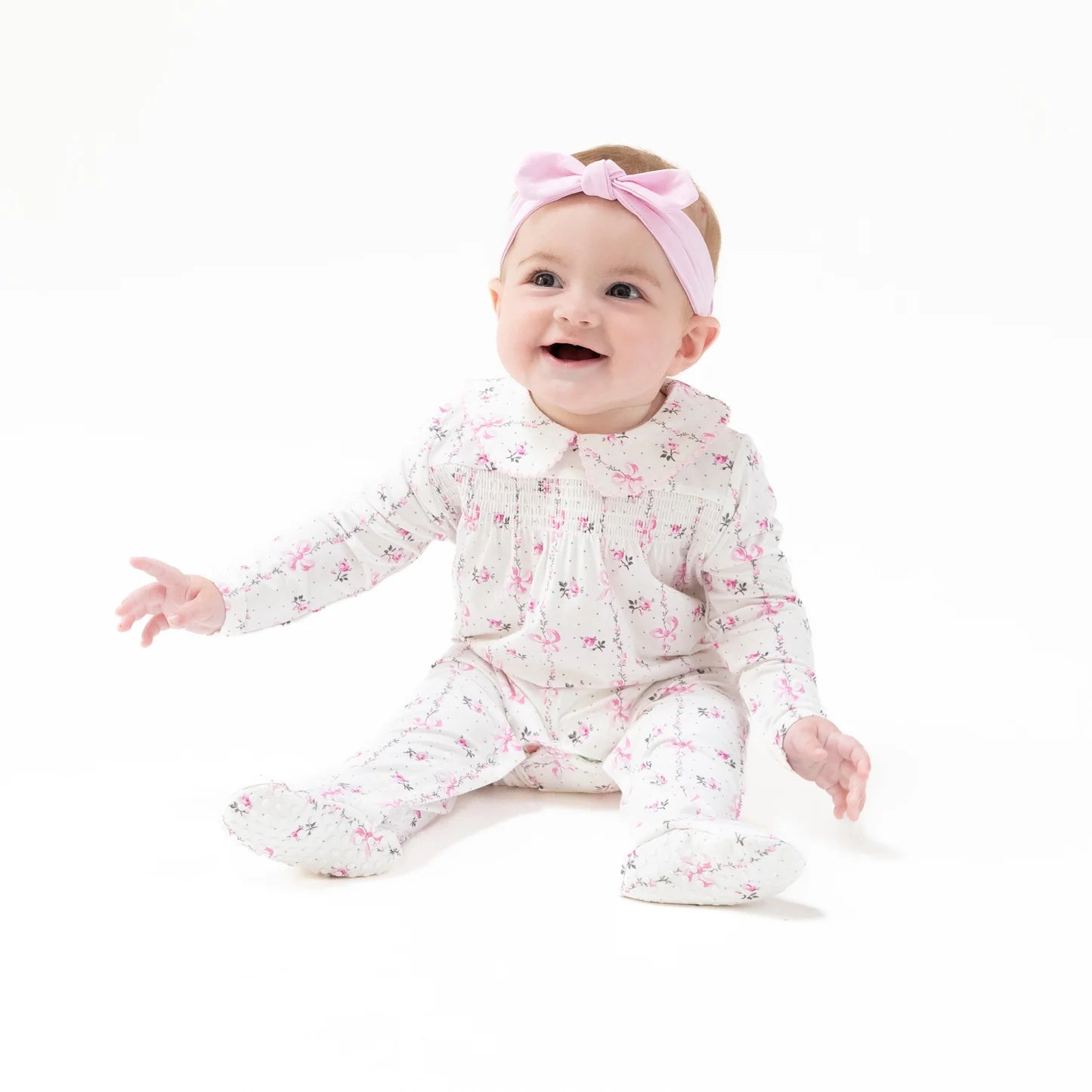 Angel Dear Dainty Buds And Bows Stripe Smocked Peter Pan Snap Footie