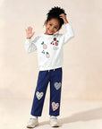 Casual Floral Heart Patch Pants for Girls