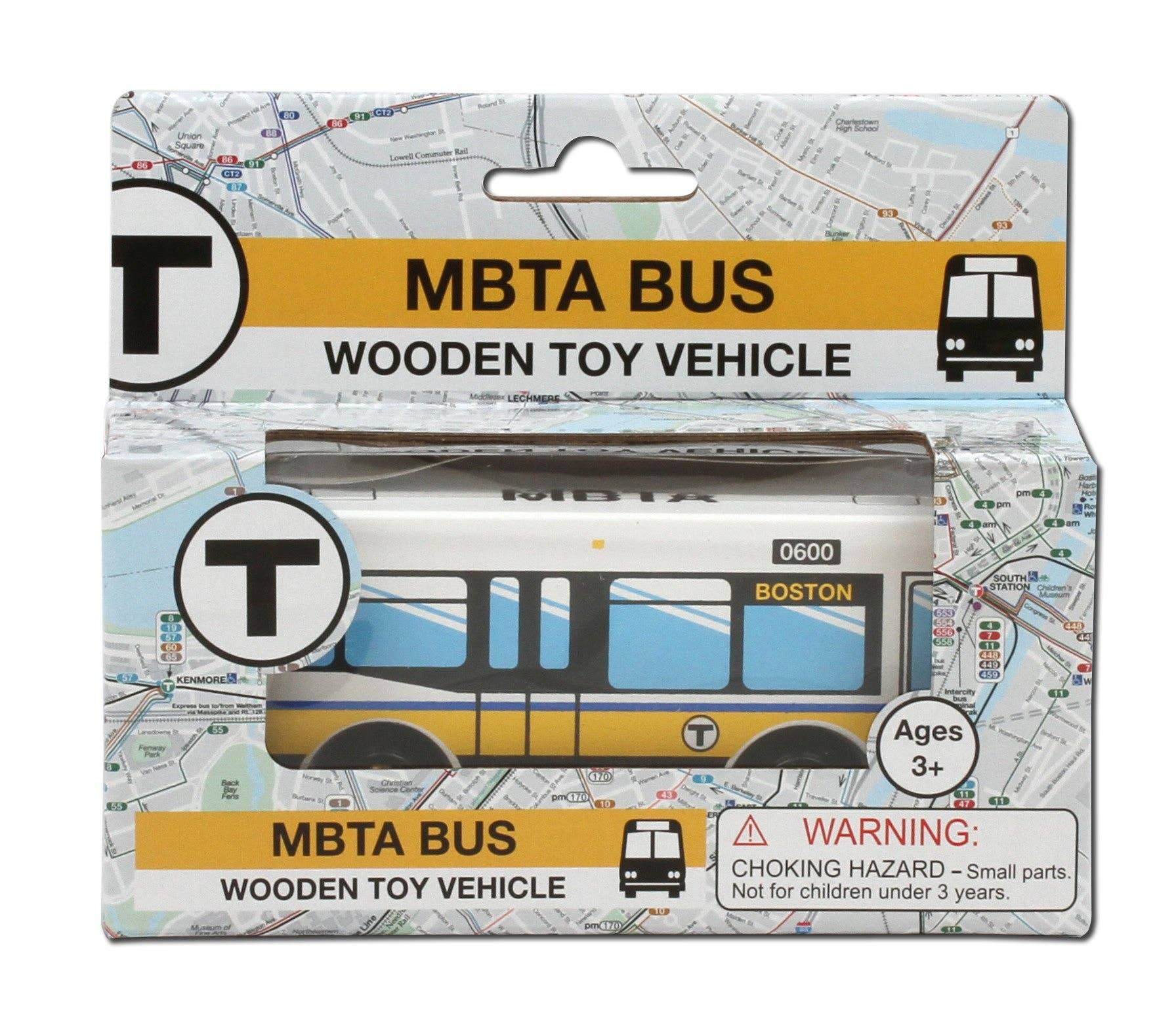 Boston MBTA Wooden Toy Bus - Runs on Wooden Train Tracks
