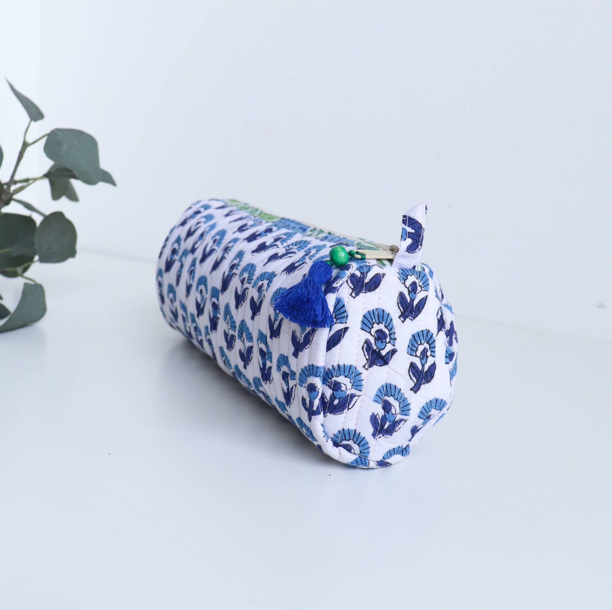 Block Print Quilted Round Make up Cosmetic Bag