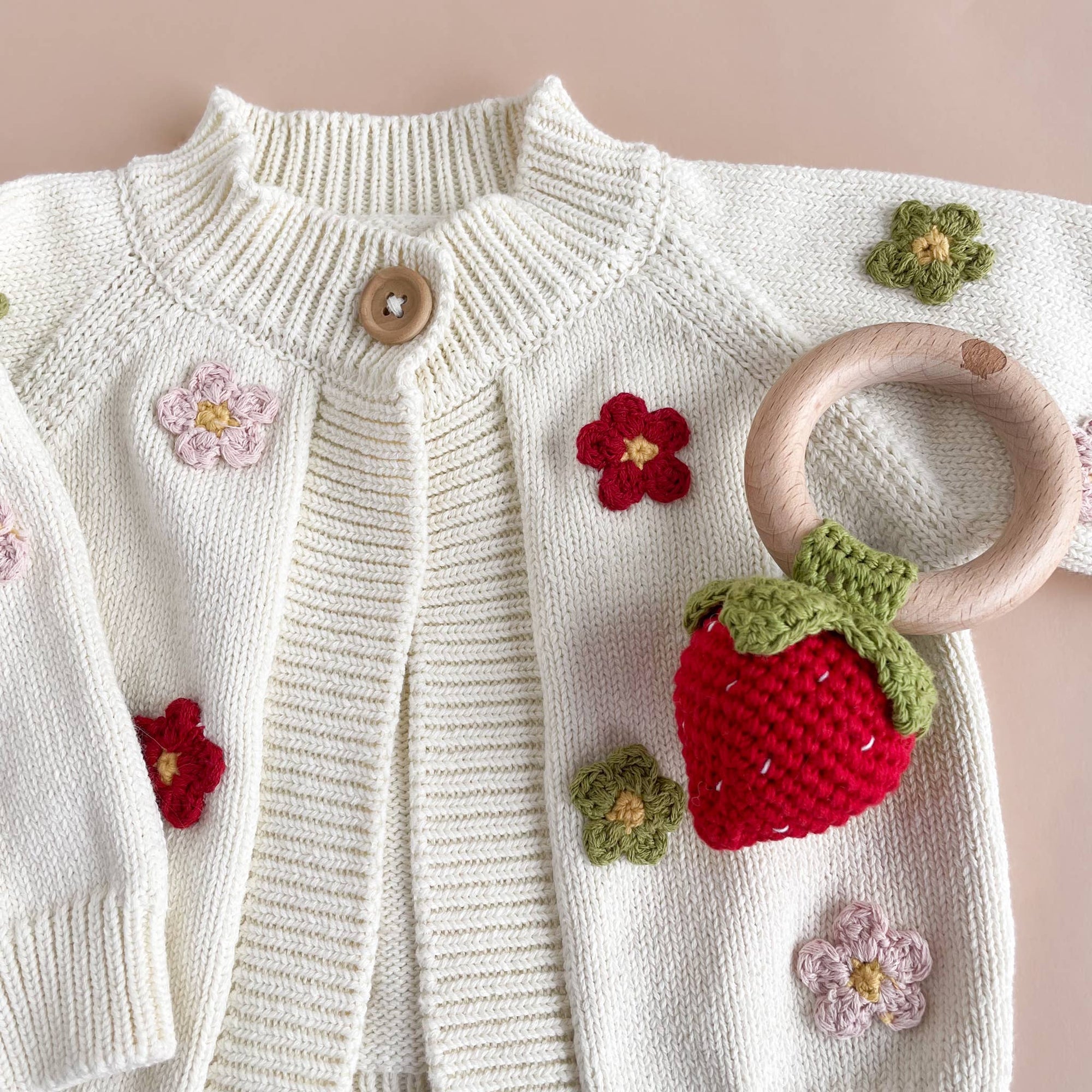 Teether Strawberry Red Cotton Crochet Rattle Baby Toy Summer: In Stock