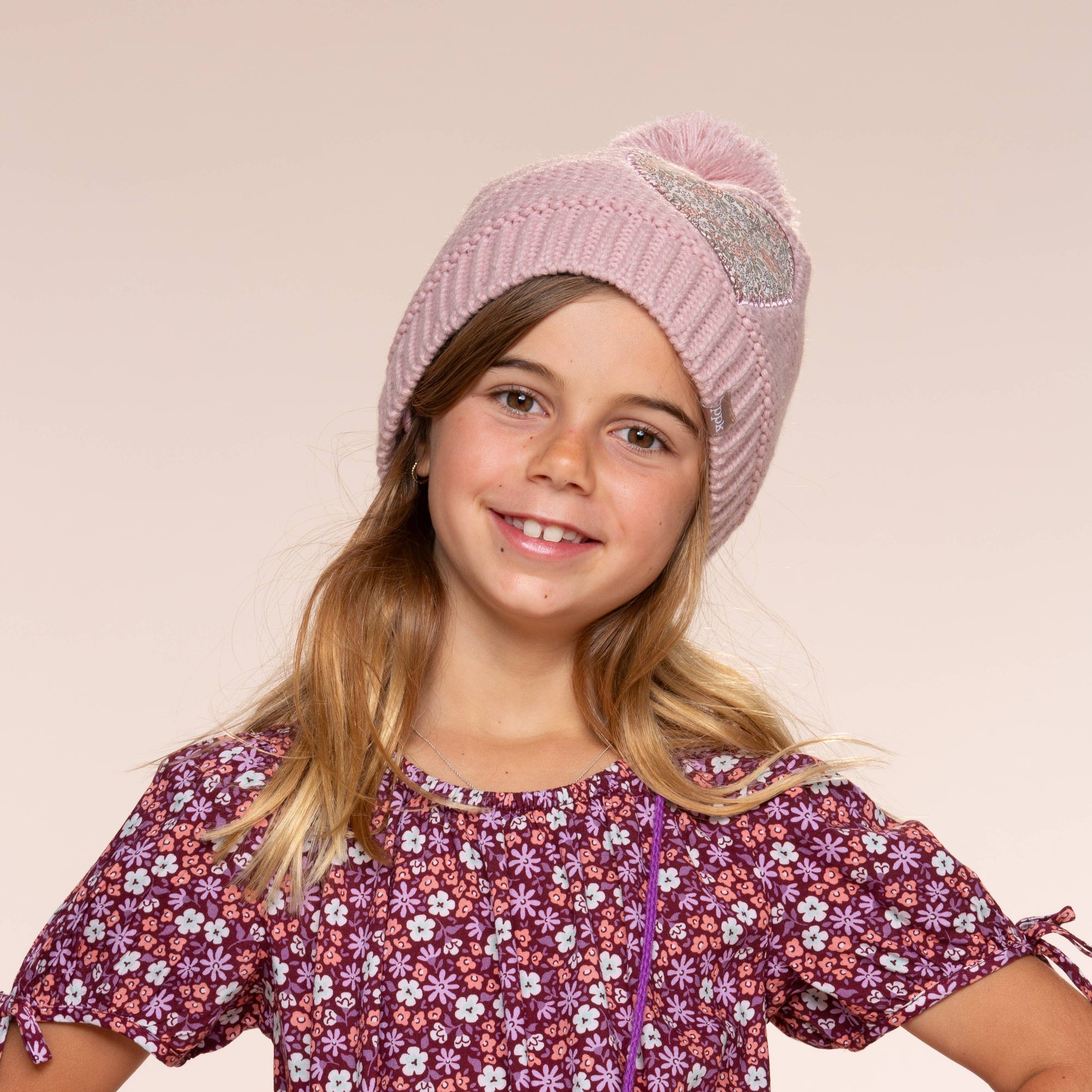 Girls Knit Heart Beanie Light Pink