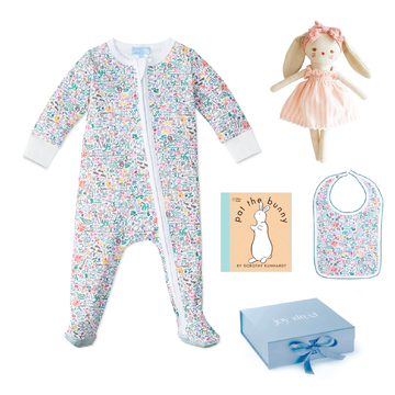 bunny garden print joy street baby gift set with zip onesie bib alimrose bopsy bunny doll and pat the bunny board book