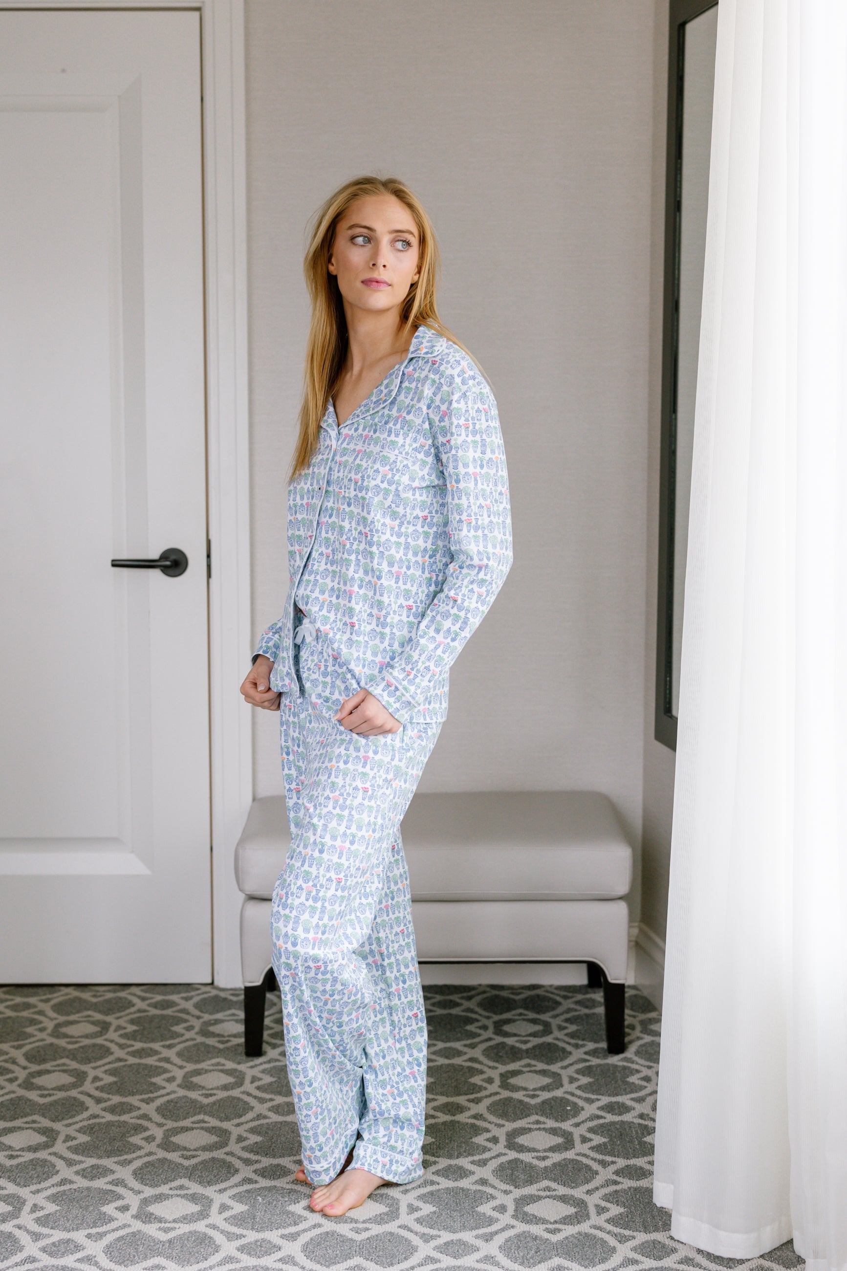 Ginger Jars Women’s Button Front Long Pajama Set