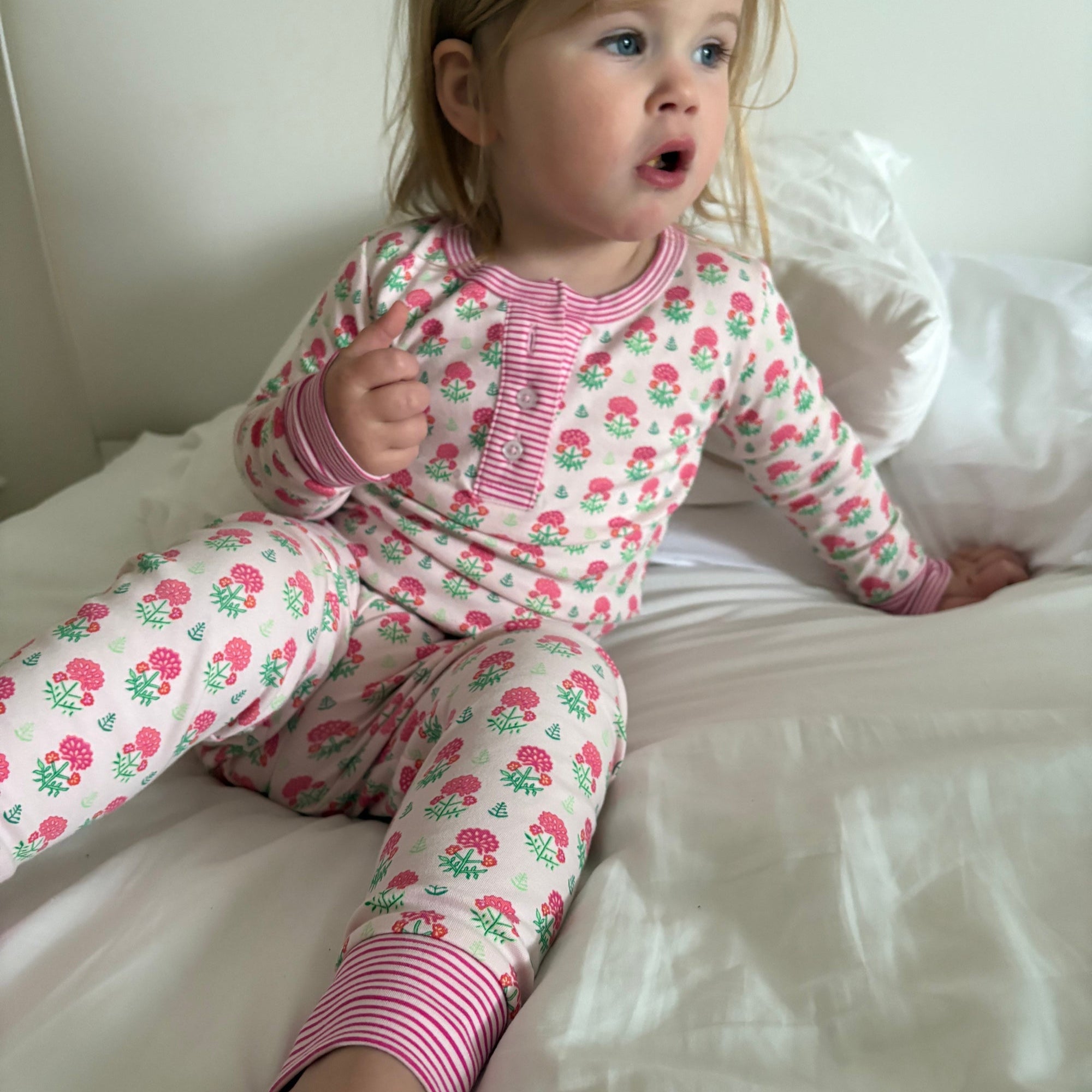 Geranium Block Two Piece Kids Henley Pajamas