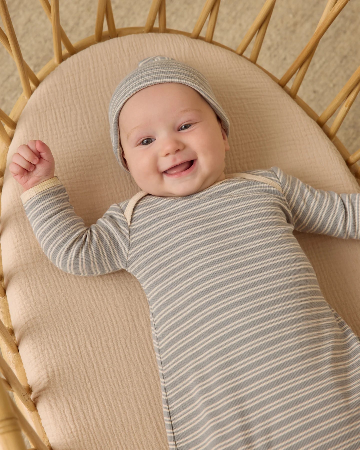 Quincy Mae Knotted Baby Gown + Hat Set Steel Blue Micro Stripe