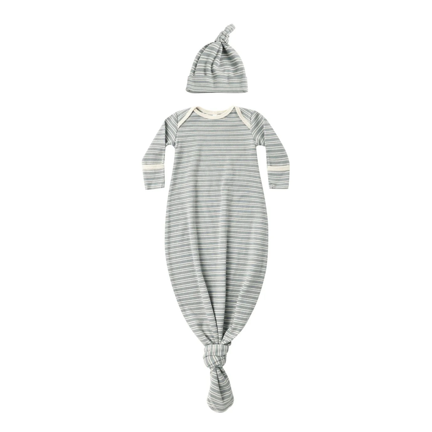 Quincy Mae Knotted Baby Gown + Hat Set Steel Blue Micro Stripe