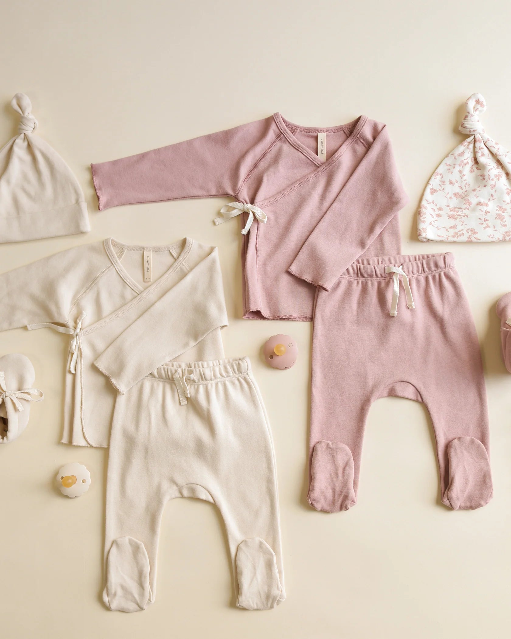 Quincy Mae Wrap Top + Footed Pant Set Natural Rose