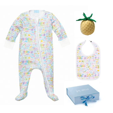 joy street charleston baby gift set with zip onesie, bib & estella pineapple rattle