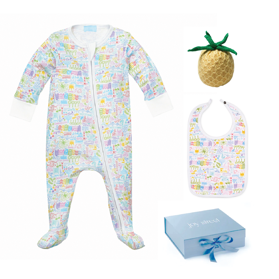 joy street charleston baby gift set with zip onesie, bib & estella pineapple rattle