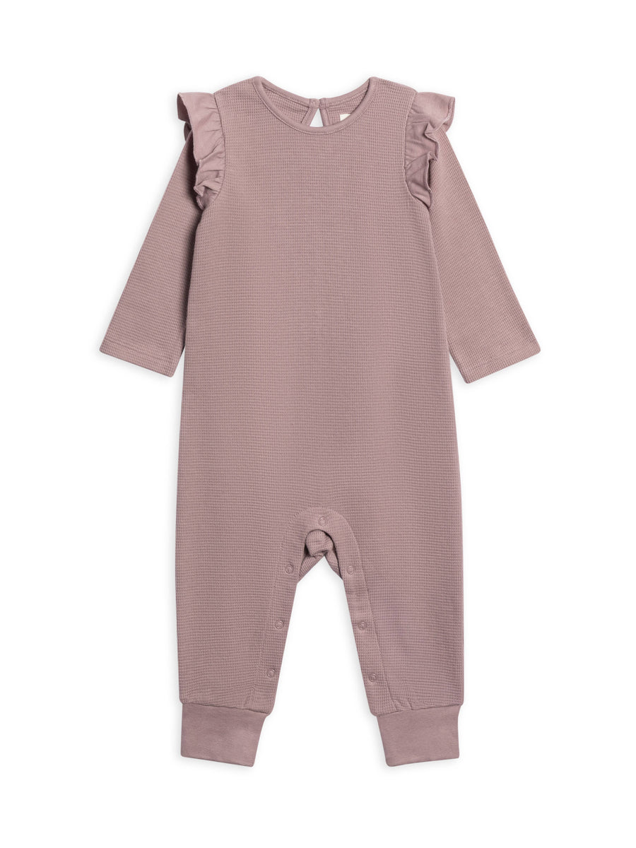 Mila Waffle Knit Flutter Sleeve Romper: Purple
