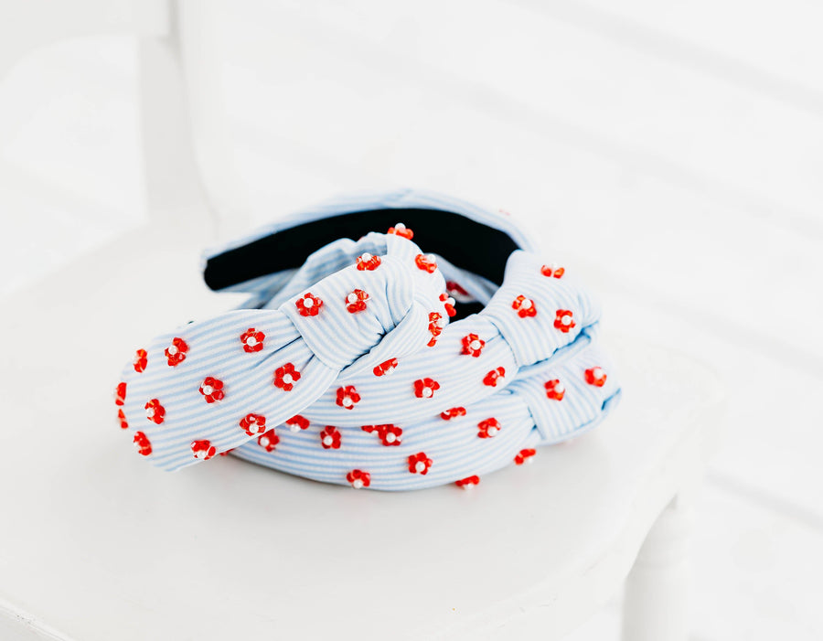 Girls Beaded Headband - Pinstripe Poppies