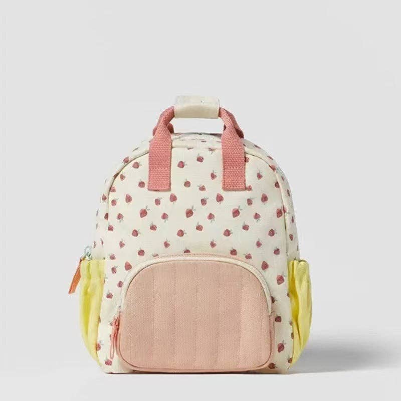 Strawberry Print Backpack Lightweight Casual Canvas Bag: Pink