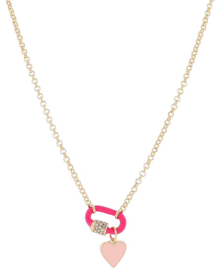 Hot Pink Enamel and Carabiner with Pink Heart Necklace