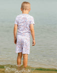 joy street USA print short pajama set kids boy at beach