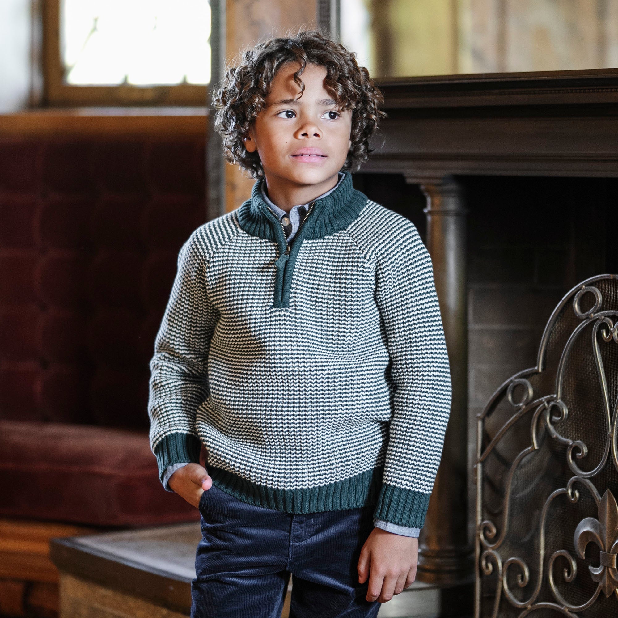 Organic Half Zip Ski Sweater: Deep Green Stripe