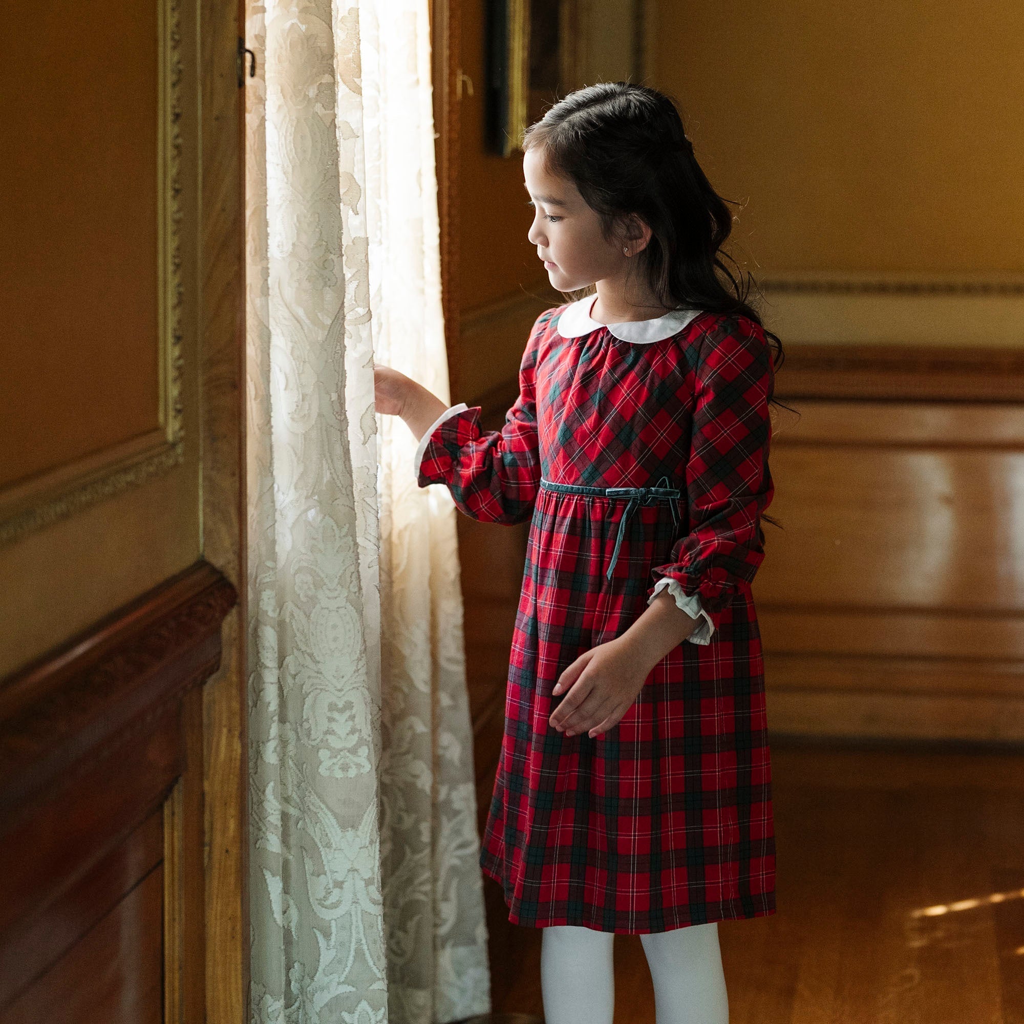 Organic Peter Pan Collar Ruffle Cuff Baby Dress London Plaid