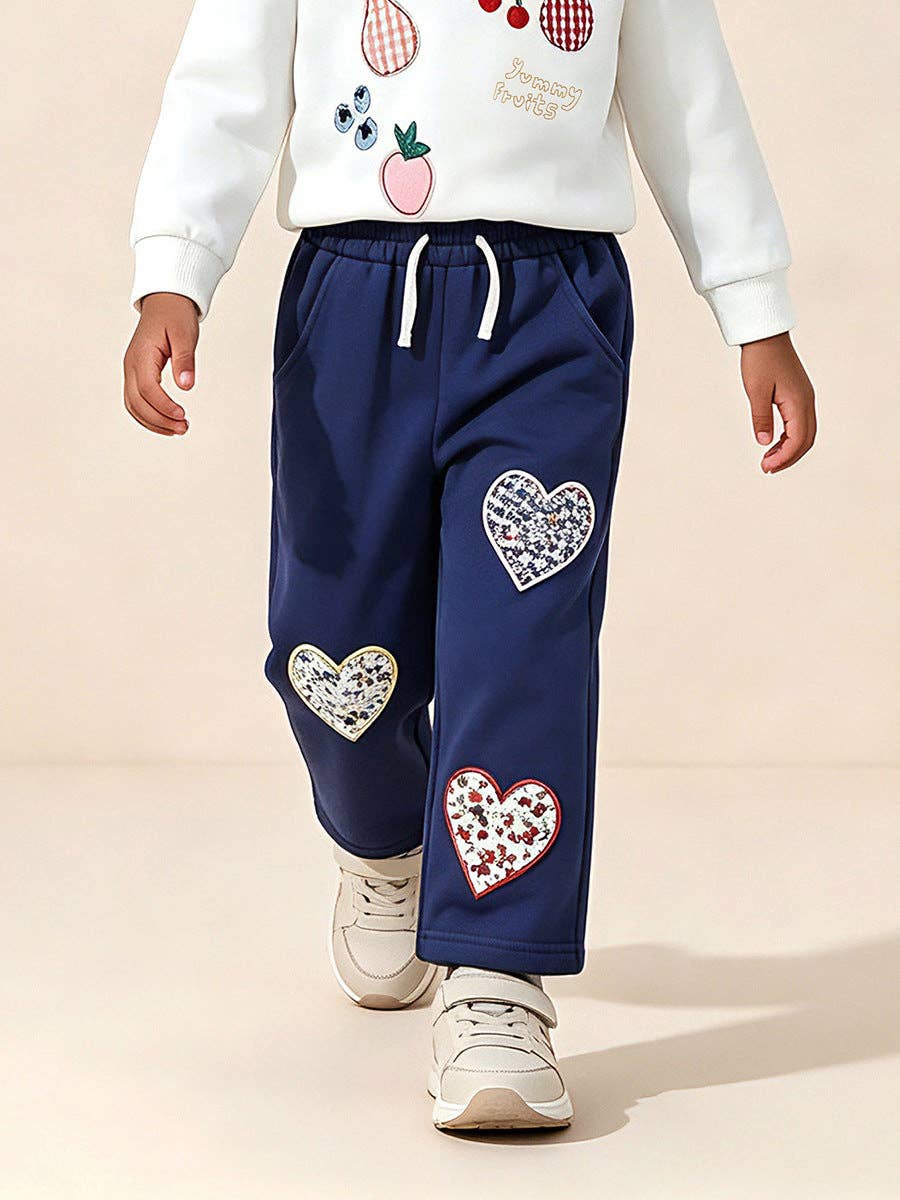 Casual Floral Heart Patch Pants for Girls