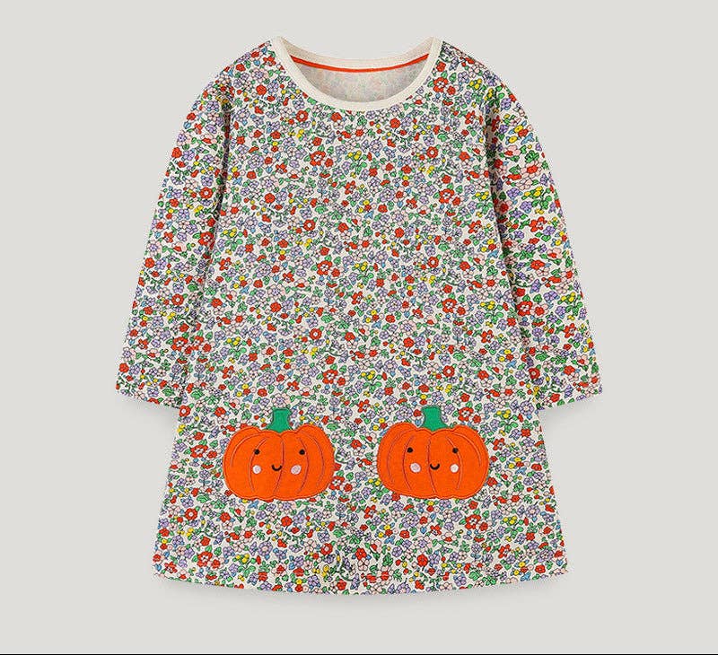 Girls' Floral Princess Dress with Pumpkin Embroidery