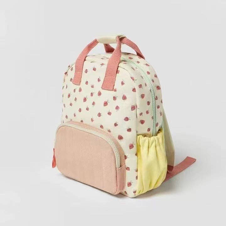 Strawberry Print Backpack Lightweight Casual Canvas Bag: Pink