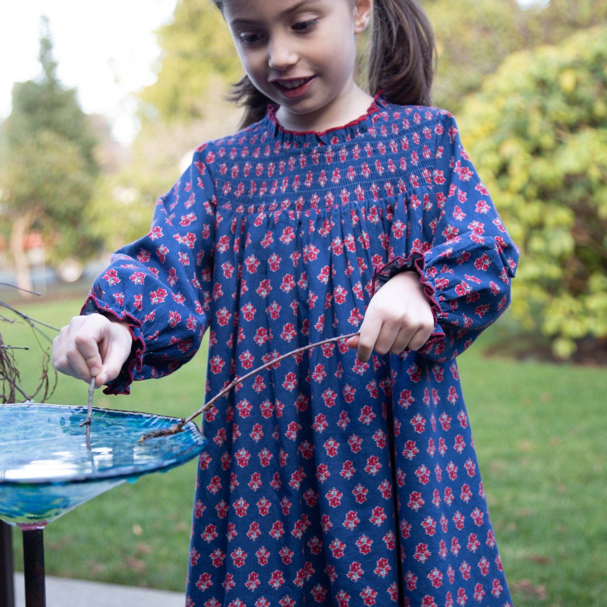 Girls&#39; Smocked Long Sleeves Dress | Red and Navy