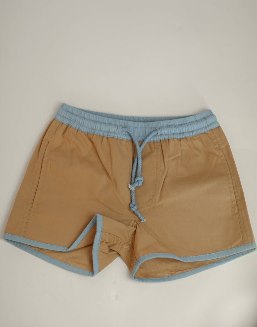 The Pop-On Short - Khaki w/ blue trim (SS26): Khaki w/ blue trim