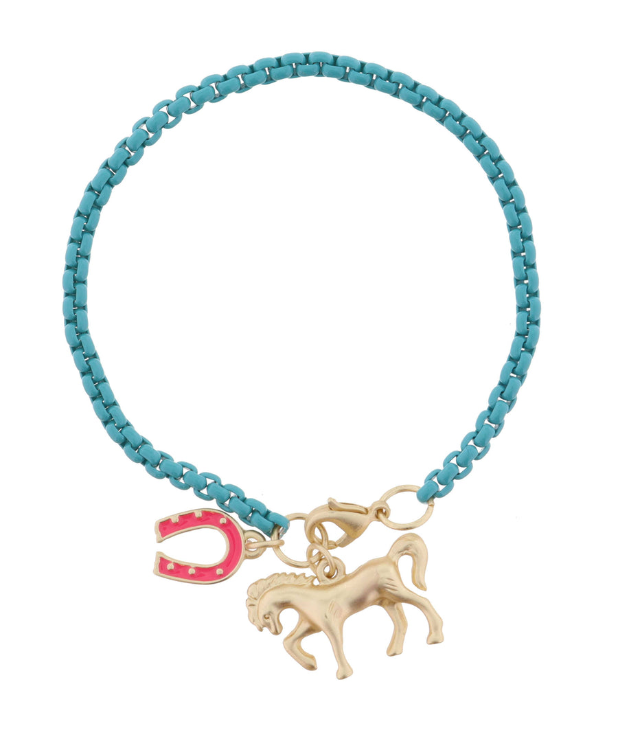 Kids Teal Box Chain with Hot Pink Horseshoe & Horse Bracelet