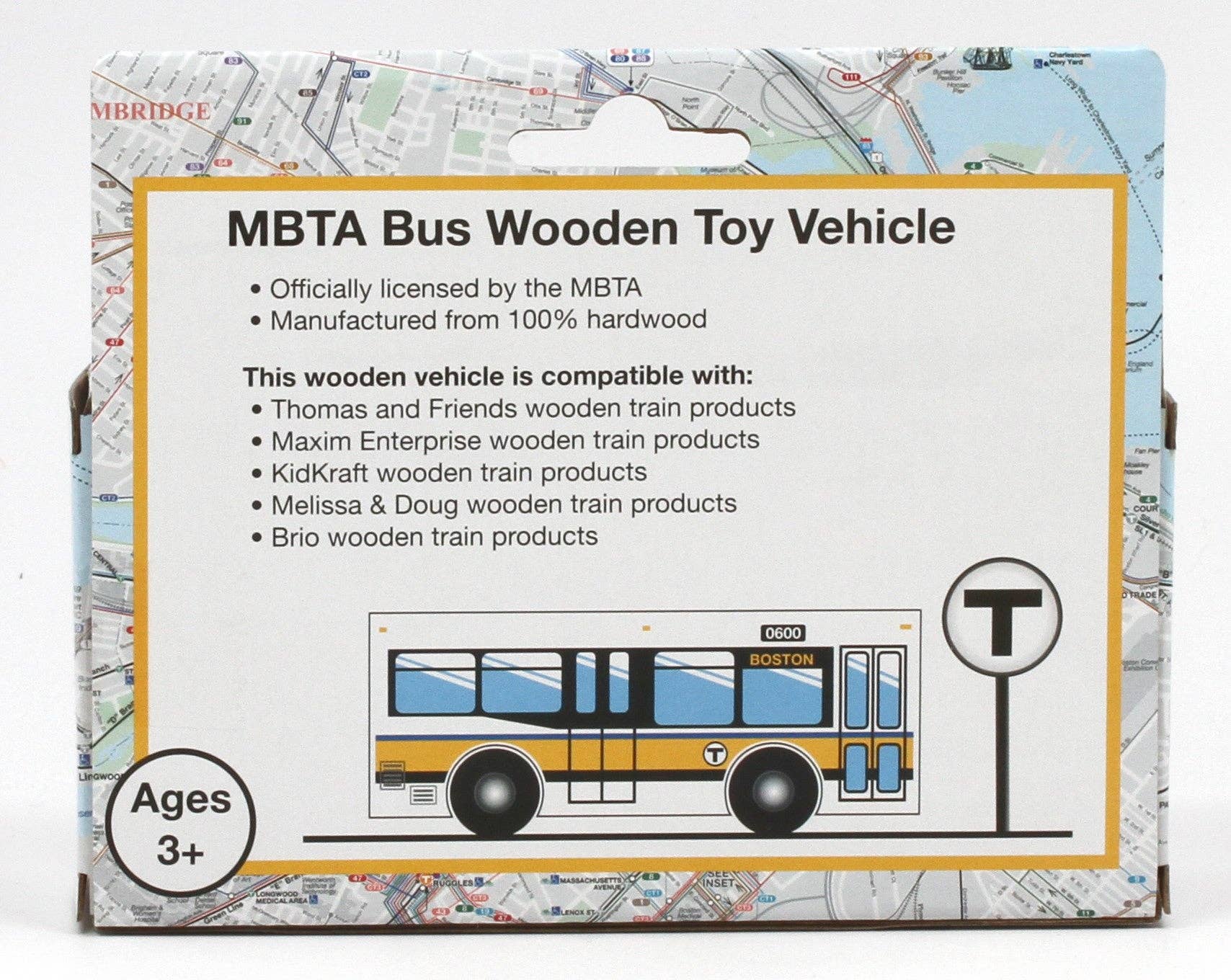 Boston MBTA Wooden Toy Bus - Runs on Wooden Train Tracks