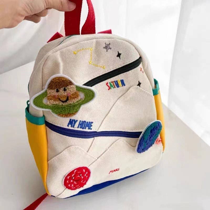 Planet-Themed Children's Backpack Cute Adjustable Lightweight Bag: White