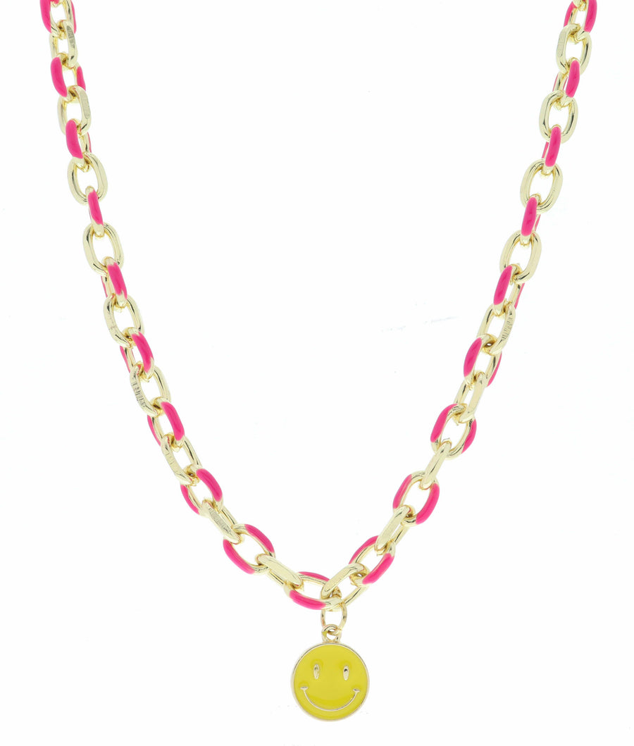 Hot Pink Chain and Yellow Happy Face Disc Necklace