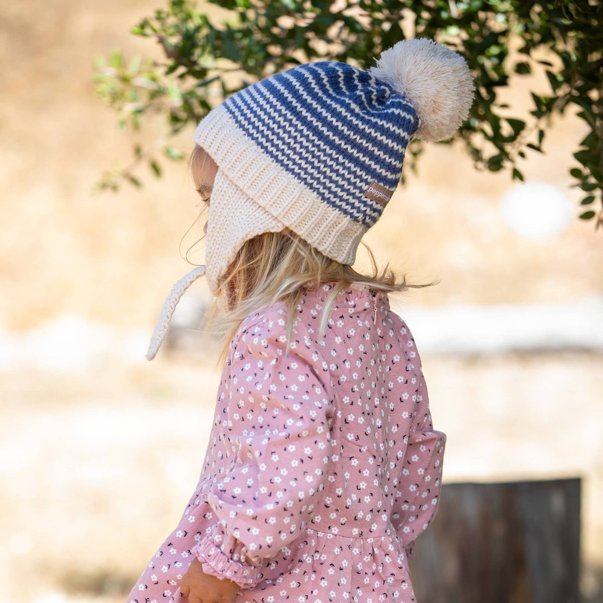 Kids Earflap Winter Hat- Striped Blue- Toddler