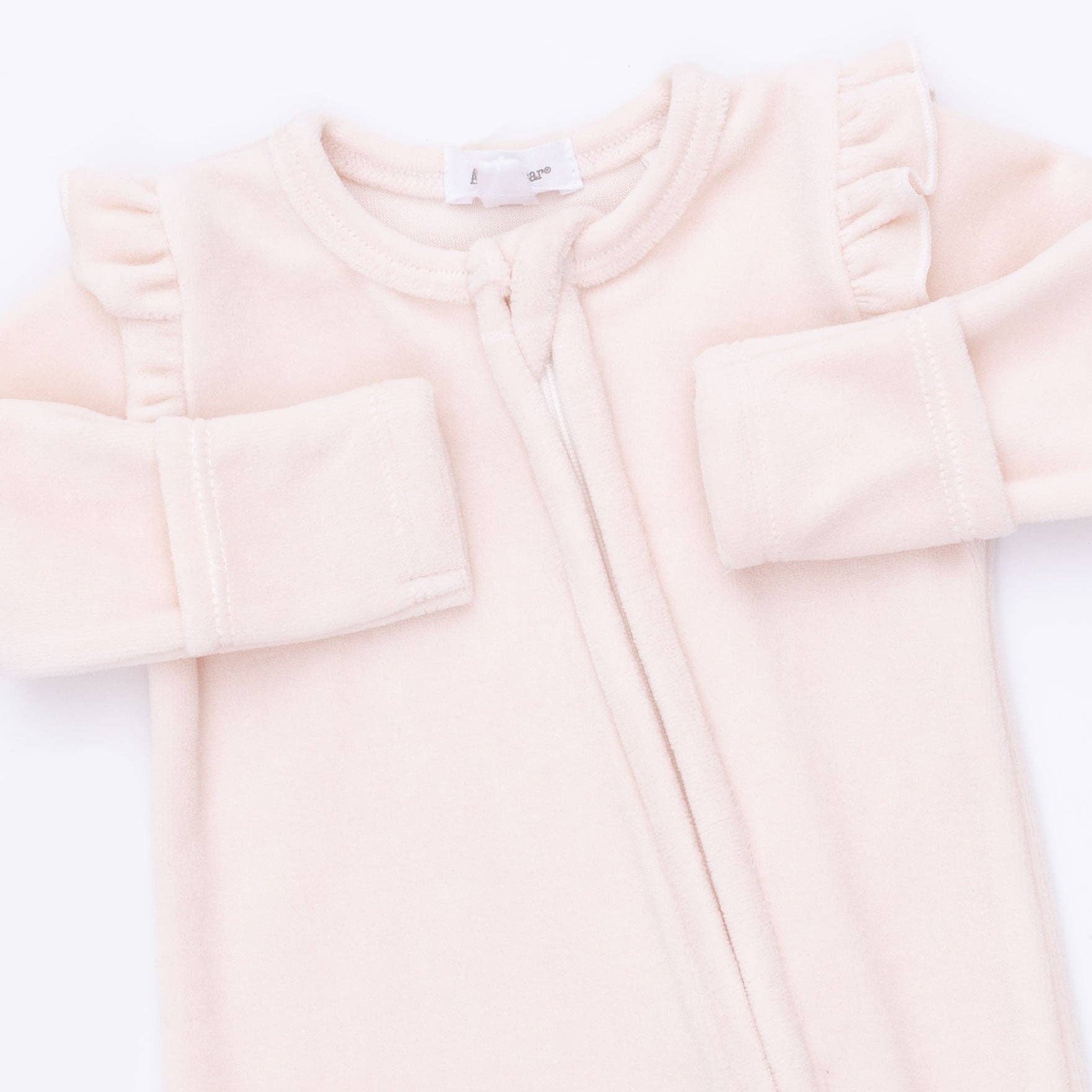 Velour Soft Pink - 2 Way Ruffle Sleeve Zipper Footie