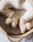 Garter Stitch Baby Booties Natural with Pom Poms