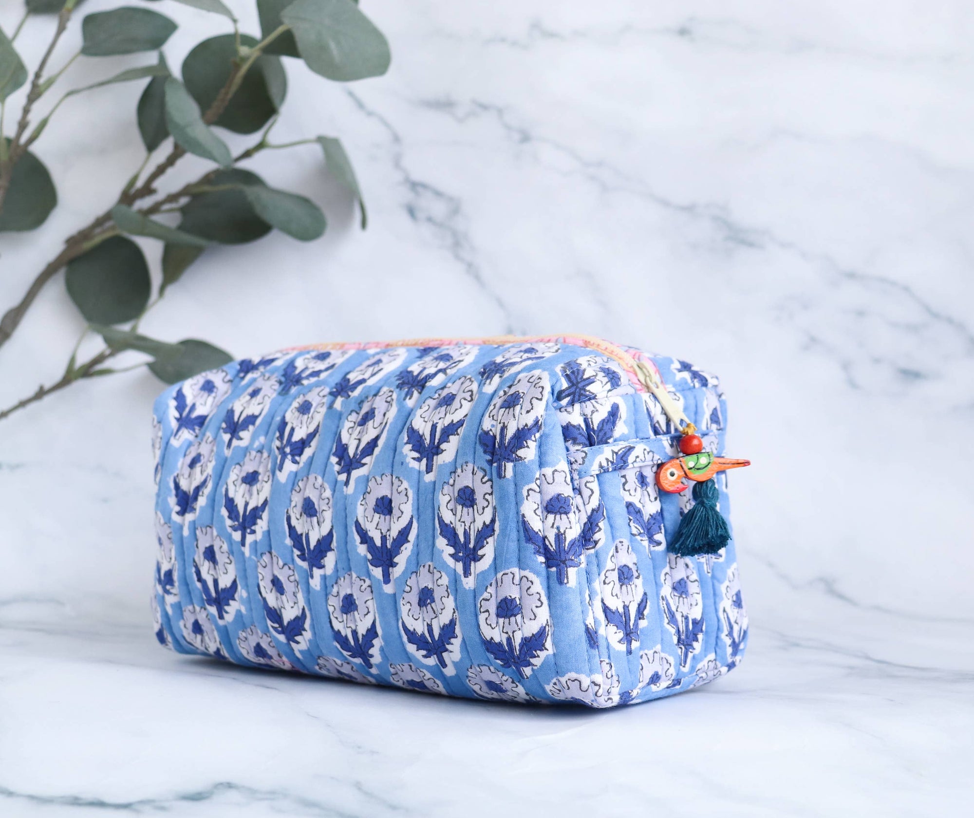 Block Print Floral Quilted Makeup Travel Bag