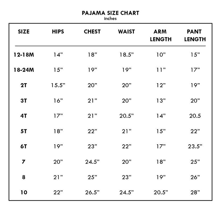 TwoPiece Pajama Size Chart Joy Street
