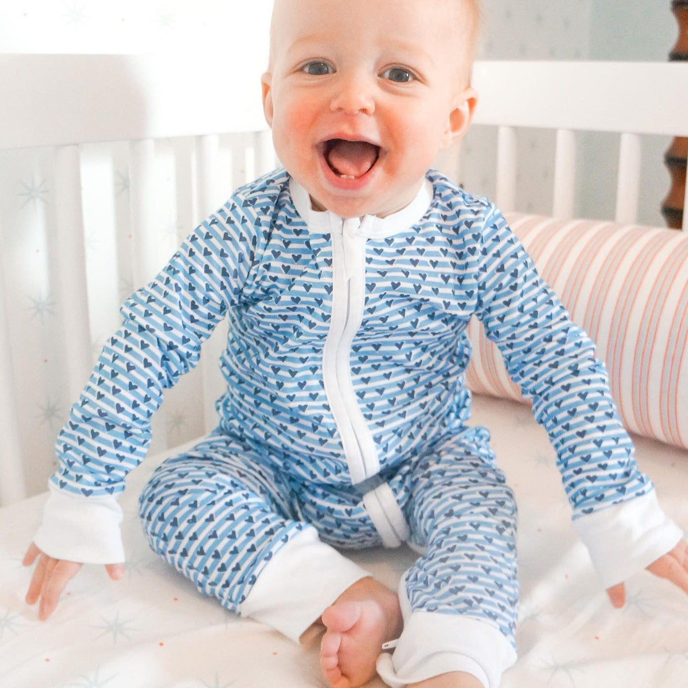 Joy Street Heart Stripe Zip Baby Onesie, Blue