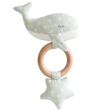 alimrose whale with star teether bamboo light blue polka dot