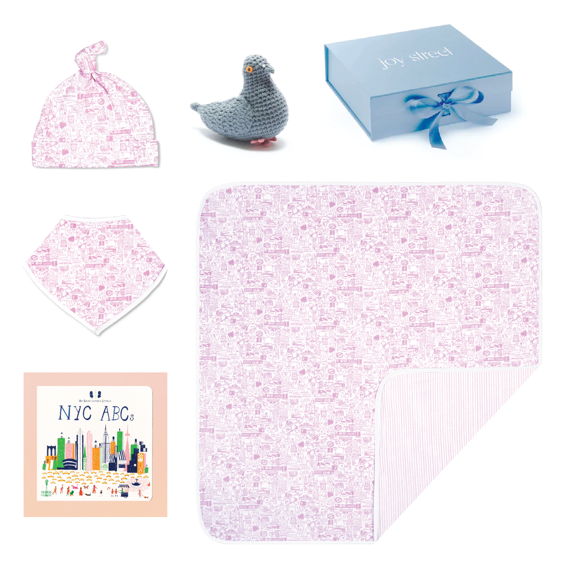 NYC pink baby gift set accessories toy and book