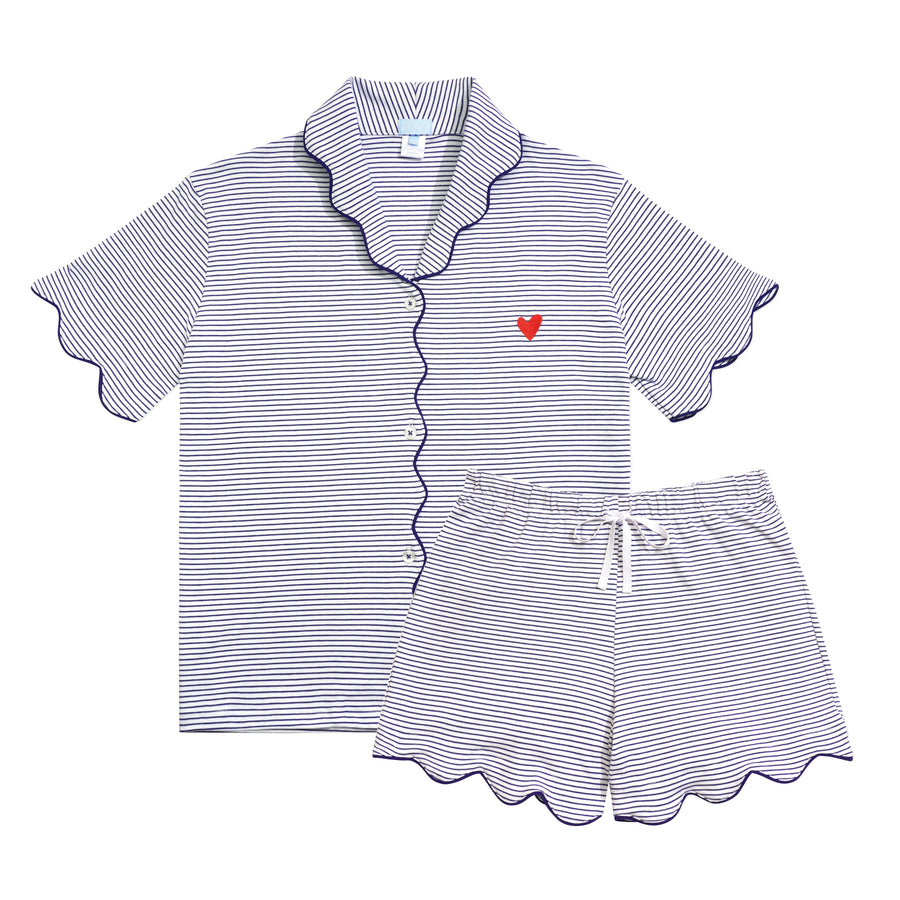 Women’s Scallop Short Pajama Set in Navy Stripe