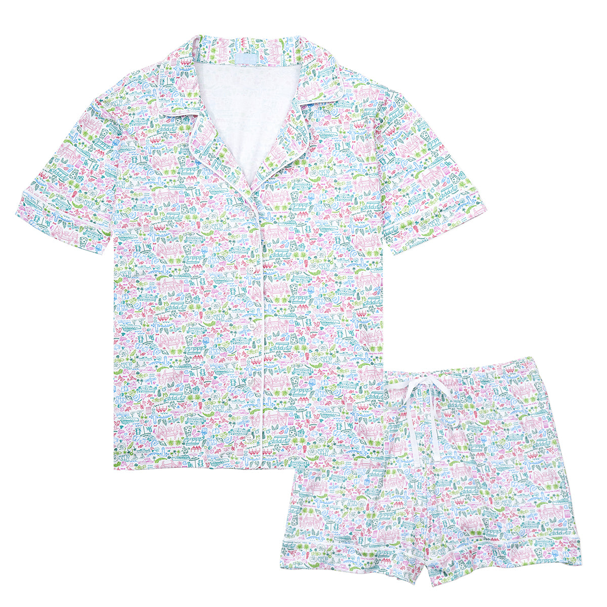 Palm Beach print Joy Street Women&#39;s button down short pajama set, multi