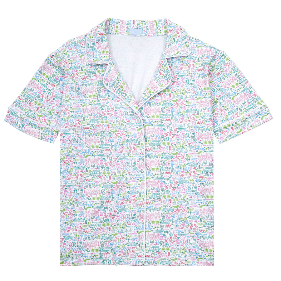 Palm Beach print Joy Street Women's button down short pajama top, multi